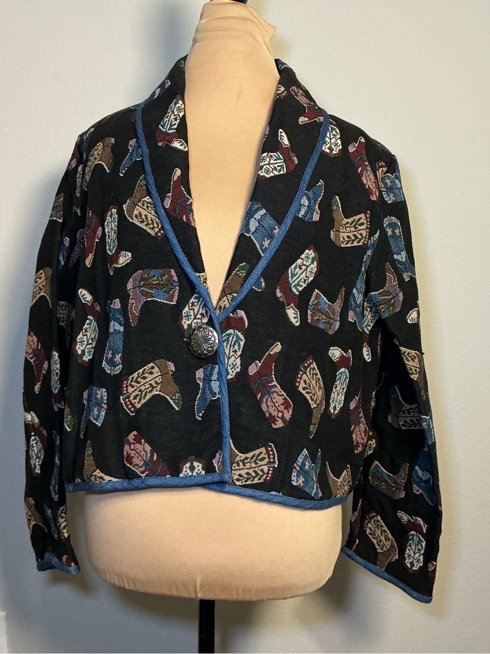 Womens Black Patterned Cropped Jacket with Blue Trim